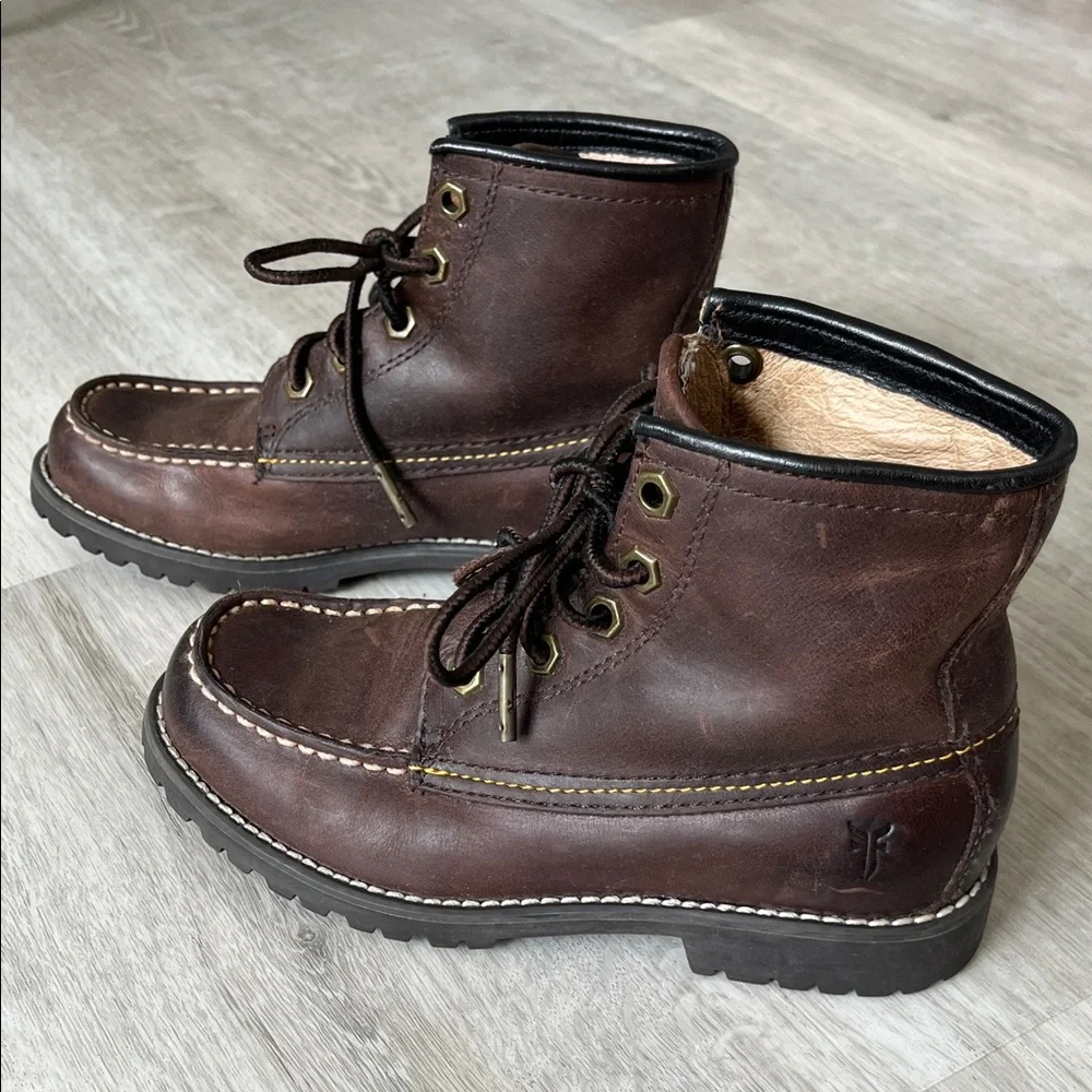 Frye Dakota Mid‎ Lace Up Tie Leather Boots Brown Boys Unisex Youth 13.5